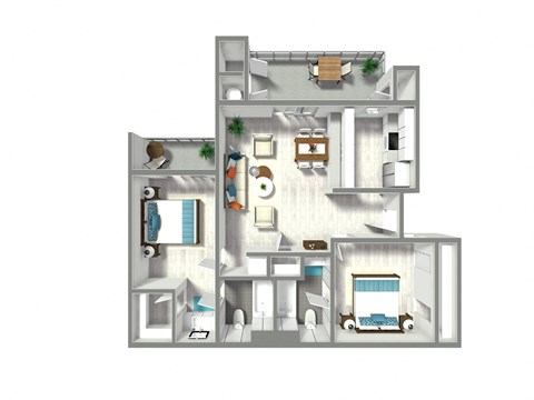 A 3D floor plan of a house with a kitchen, living room, and bedrooms.